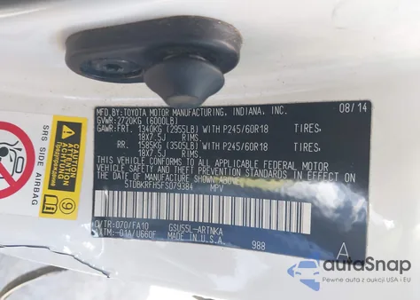 2015 Toyota Highlander Le Plus V6 из США, поврежденный, VIN 5TDBKRFH5FS079384